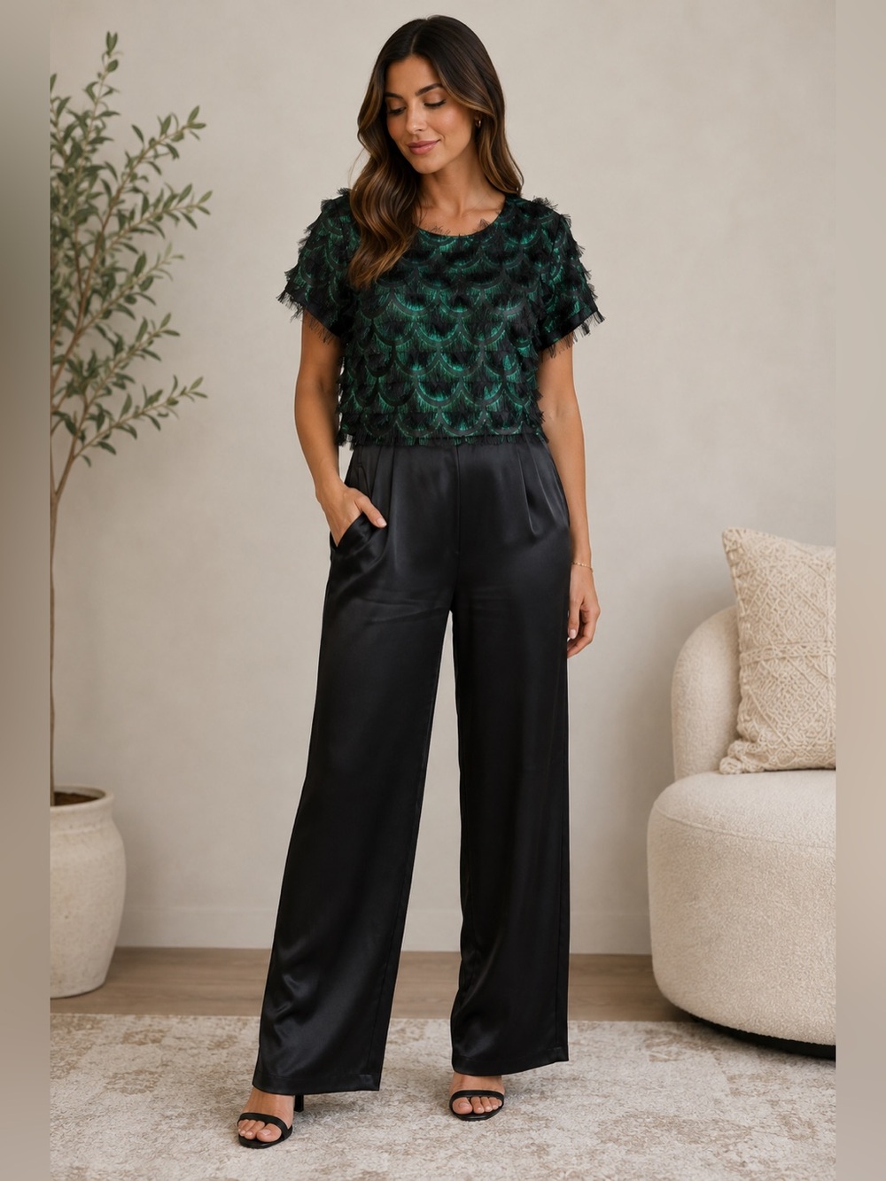 NEW LAFFAIRE Wispy Fringe Metallic Green Top Black Satin Bottom Jumpsuit
